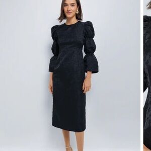 Black Jacquard Puff Sleeve Midi Darcy Dress xs NWT